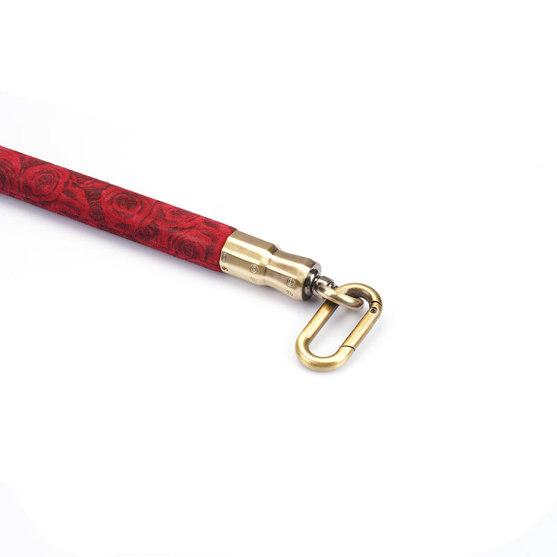 Red rosy lamb suede leather spreader bar with gold-tone carabiner, part of the Kinbaku Ukiyoe series for bondage play