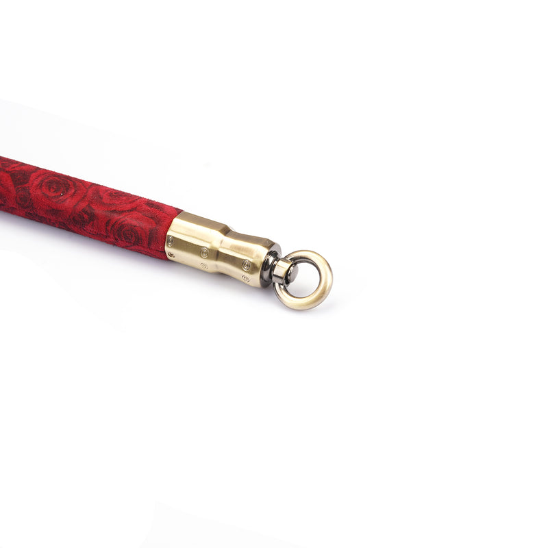 Red rosy lamb suede leather spreader bar with copper-plated metal ring from the Kinbaku Ukiyoe series