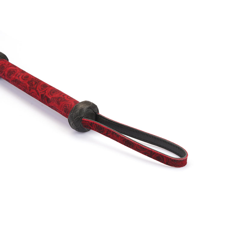 Kinbaku Ukiyoe Luxury Red Rosy Lamb Suede Leather Flogger with Embossed Design and Black Loop Handle