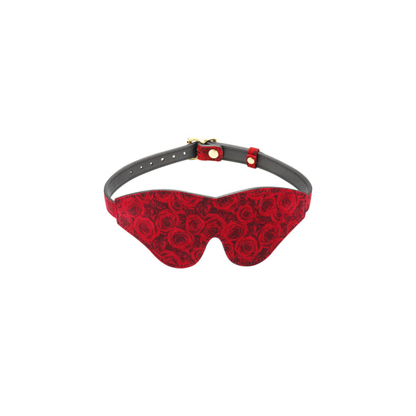 Kinbaku Ukiyoe luxury red rosy lamb suede leather blindfold with rose pattern and adjustable straps, part of BDSM-themed traditional Japanese art-inspired collection