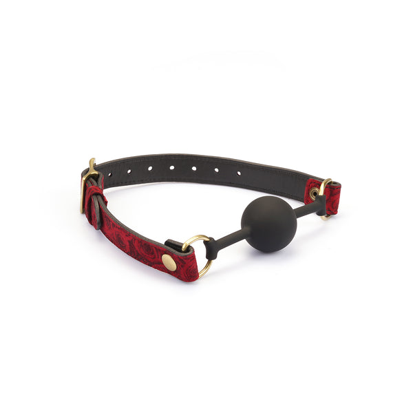 Kinbaku Ukiyo-e Ball Gag with adjustable red rosy lamb suede leather strap and black silicone ball