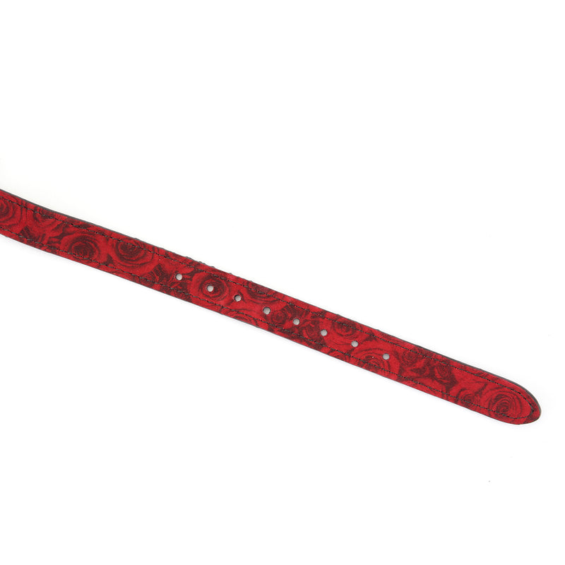 Luxury red rosy lamb suede leather blindfold with embossed floral pattern from the Kinbaku Ukiyo-e series