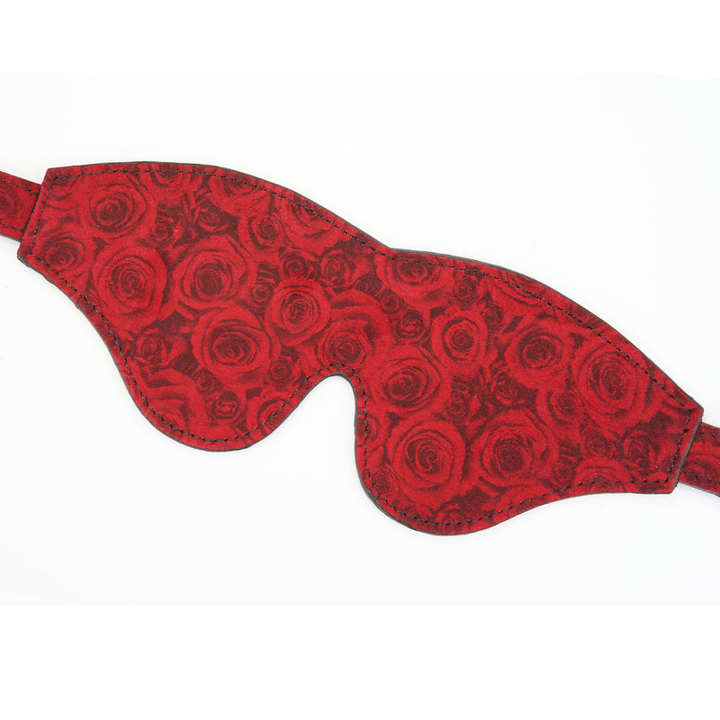 Kinbaku Ukiyo-e luxury red rosy lamb suede leather blindfold with embossed rose pattern for BDSM aesthetic and comfort