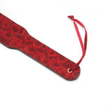 Kinbaku Ukiyoe Luxury Red Rosy Lamb Suede Leather Paddle featuring embossed roses and copper-plated detail
