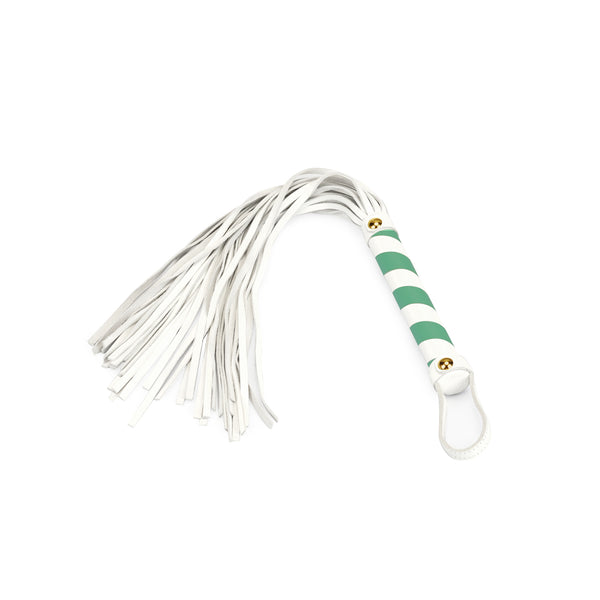 White and green leather flogger from Fairy collection with luxurious leather fronds and stylish design for beginner-friendly bondage play