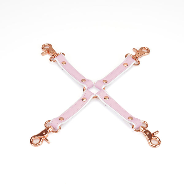 Pink leather hogtie with rose gold clips from the Fairy collection for bondage play