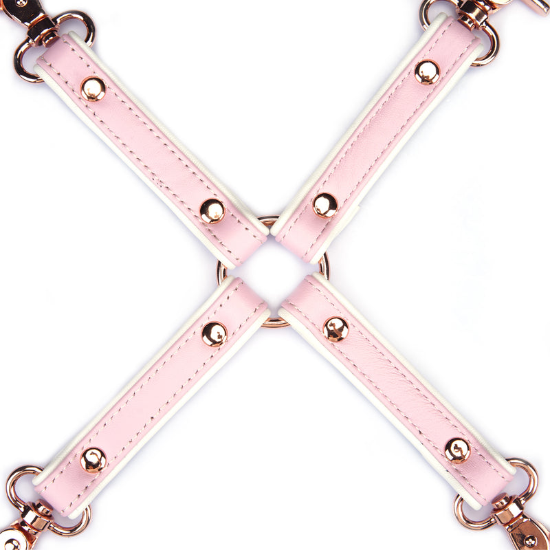 Pink and white leather hogtie from the Fairy collection with rose gold clips for bondage play