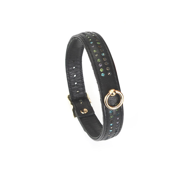 Shining Girl collar with leash in black leather, embellished with green gems, for bondage play, featuring an adjustable strap and gold hardware