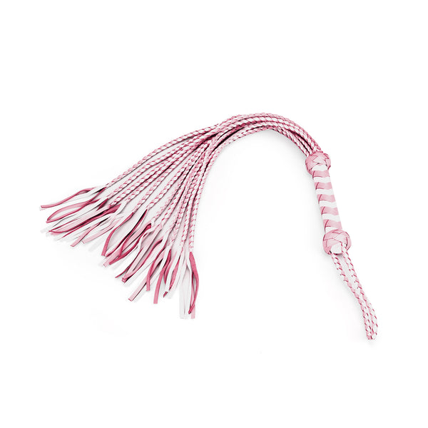 Fairy collection white and pink leather flogger whip with braided handle and hanging loop for BDSM impact play