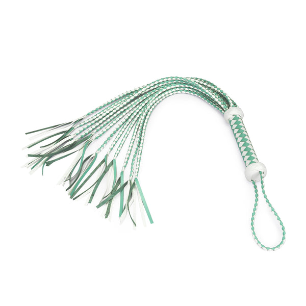 Fairy Leather Flogger Whip in white and green with braided handle and multiple tassels for BDSM impact play