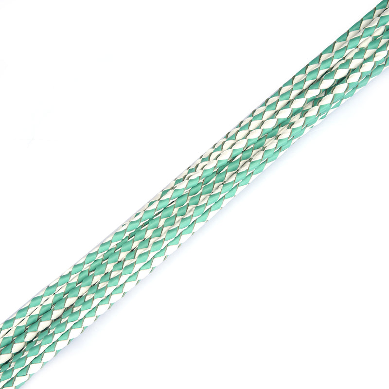 Green and white braided leather handle of a Fairy Leather Flogger Whip designed for impact play in BDSM