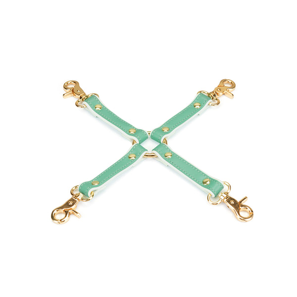 Green leather hogtie with rose gold clips from the Fairy collection designed for secure bondage play