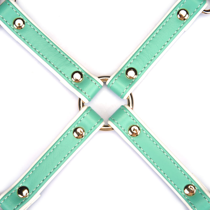 Green leather hogtie from Fairy collection featuring rose gold clips and elegant stitching, for stylish and secure bondage play