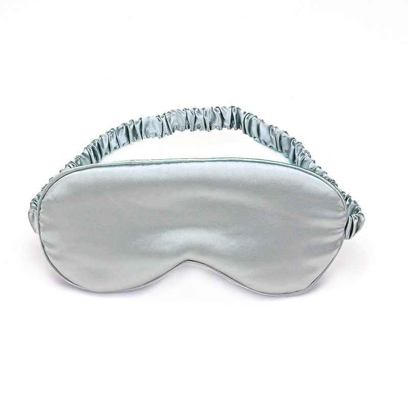Silky super soft satin blindfold sleeping mask in light gray with elasticated strap, perfect for sensory deprivation and comfortable long wear