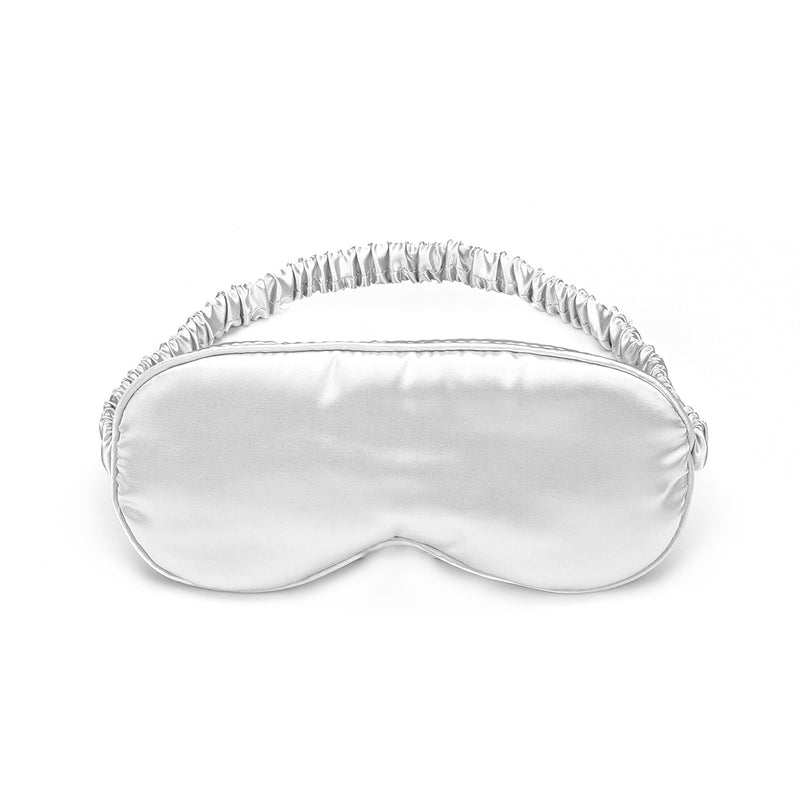 Silky Super Soft Sleeping Mask Satin Blindfold in silver color with elastic strap, essential for sensory deprivation