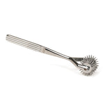 Stainless steel five-row Wartenberg pinwheel for BDSM sensory play, featuring a long handle and multiple sharp spikes