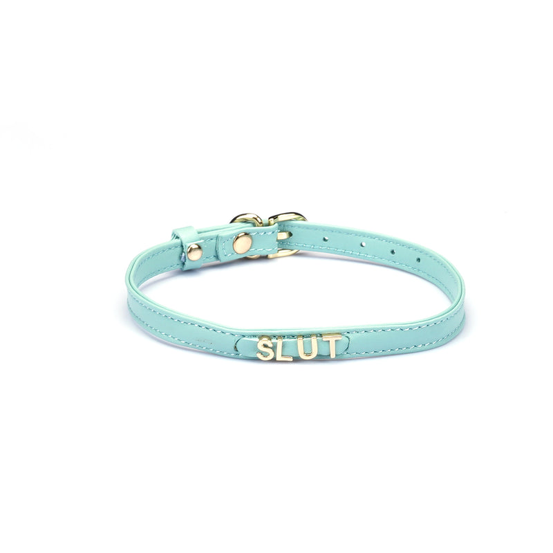 Liebe Seele Italian leather choker in light blue with gold SLUT letters, adjustable buckle and hardware accents