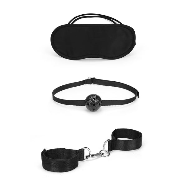 Pocket Play 3pcs Bondage Kit showing blindfold, textured ball gag, and connected wrist cuffs for beginner BDSM enthusiasts