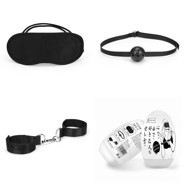 Pocket Play 3pcs Bondage Kit featuring a blindfold, ball gag and wrist cuffs, displayed with decorative manga-style packaging