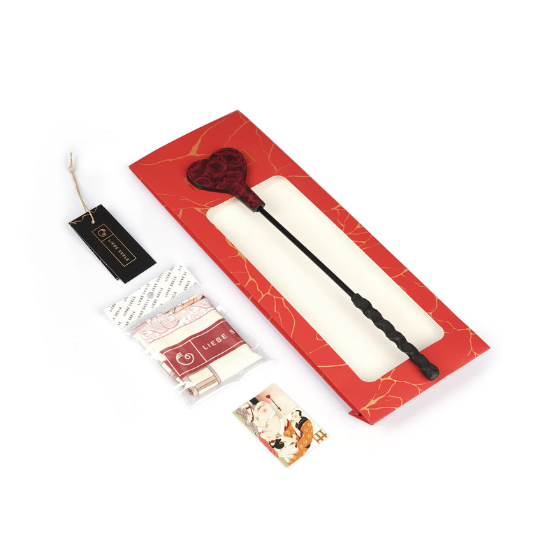 Kinbaku Ukiyoe red rosy lamb suede leather riding crop with traditional Japanese ukiyo-e art packaging and information cards, displaying perfect fusion of culture and modern BDSM practice