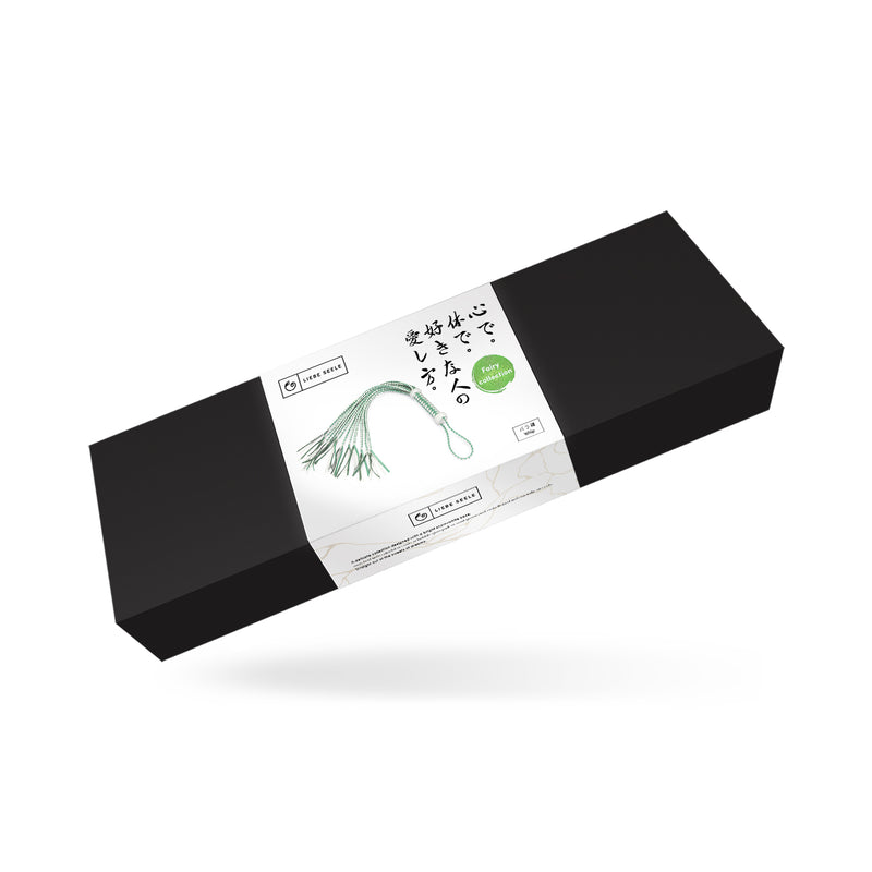 Packaging of Fairy White and Green Leather Flogger Whip from LIEBE SEELE featuring Japanese text and product illustration