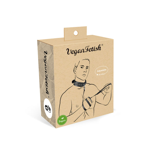Vegan Fetish brand packaging for faux leather studded collar and leash, highlighting eco-friendly and adjustable features