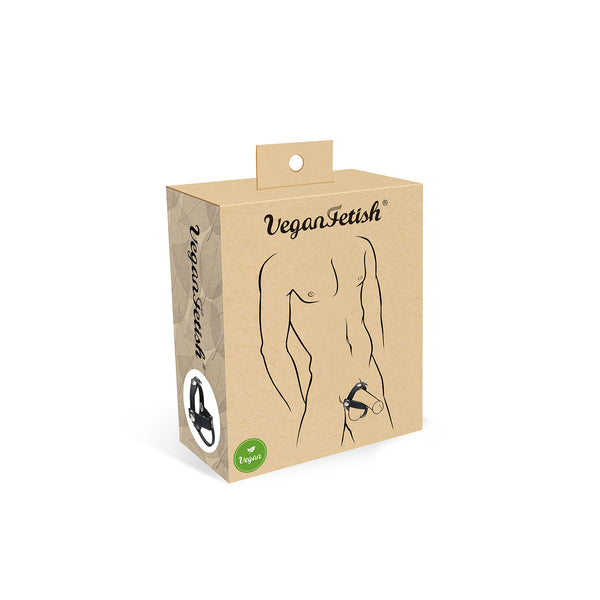 Vegan Fetish faux leather cock ring product packaging, featuring male torso artwork and eco-friendly design elements