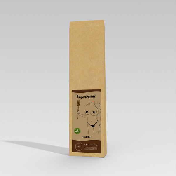 Vegan Fetish SM Cafe Paddle packaging, eco-friendly brown cardboard box featuring a paddle drawing and brand labels including eco-friendly symbol and 'Ethically made in Italy' text