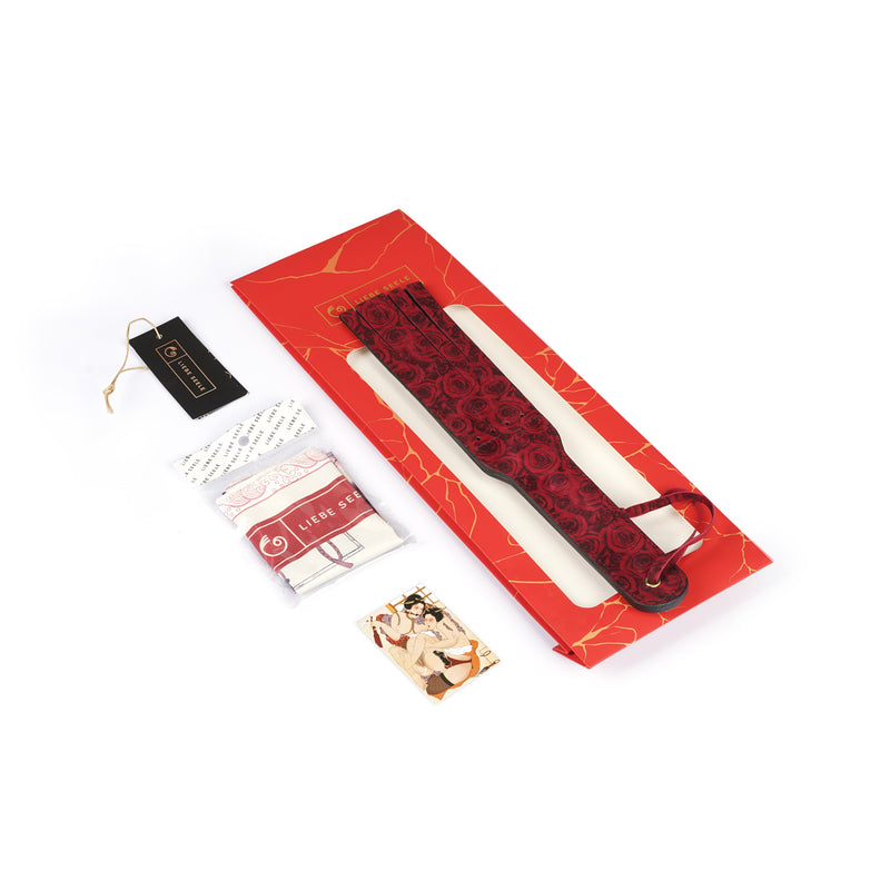Kinbaku Ukiyoe Luxury Red Rosy Lamb Suede Leather Paddle with packaging and accessories