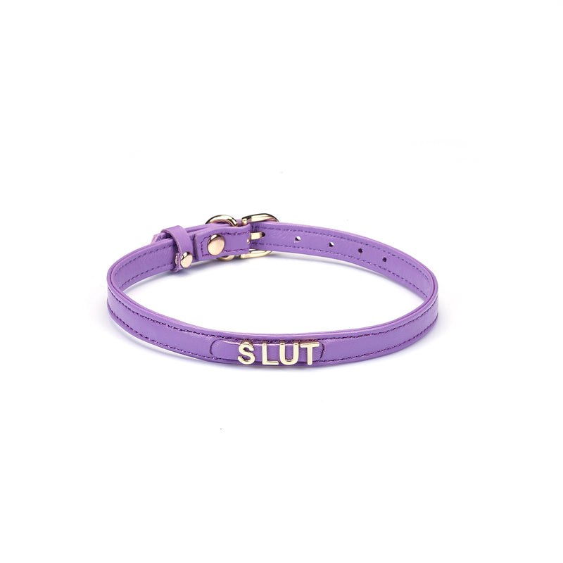 Liebe Seele Italian leather choker in purple with gold 'SLUT' letters, adjustable and stylish for fashion-forward bondage