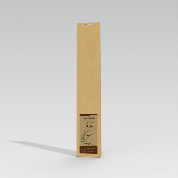 Eco-friendly LIEBE SEELE riding crop packaging, featuring vegan fetish SM cafe riding crop crafted from cork and coffee grounds, in brown cardboard box with product graphics and information.