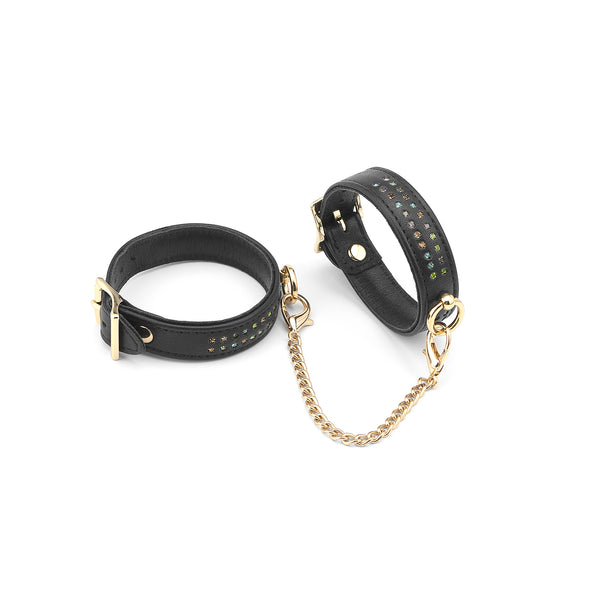 Shining Girl black leather ankle cuffs with gems and gold chain, LIEBE SEELE AC-80045BK
