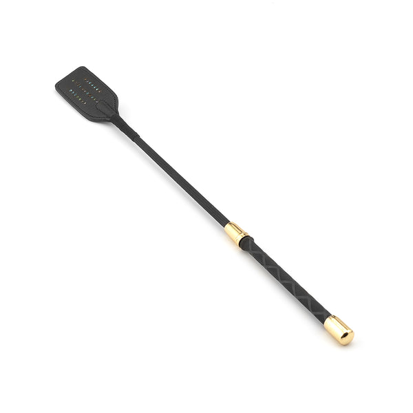 Black leather riding crop with gem-embedded handle and gold accents from Shining Girl Series