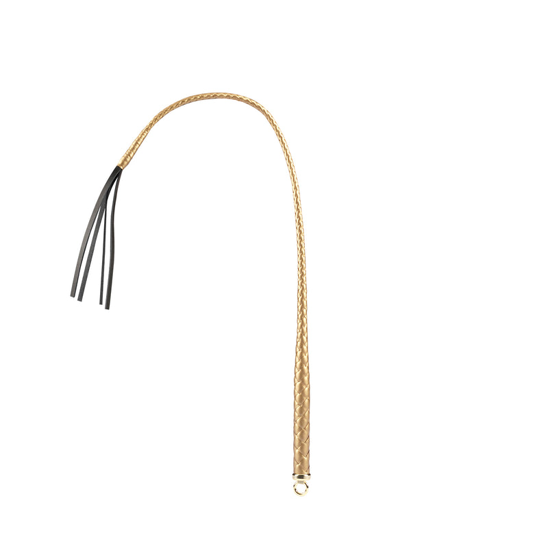 Handcrafted Japanese professional dominatrix whip with golden braided handle and black tassel, designed for precision in bondage play