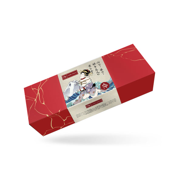 Red packaging box for Kinbaku Ukiyoe luxury rosy lamb suede leather handcuffs featuring traditional Japanese bondage Ukiyo-e art