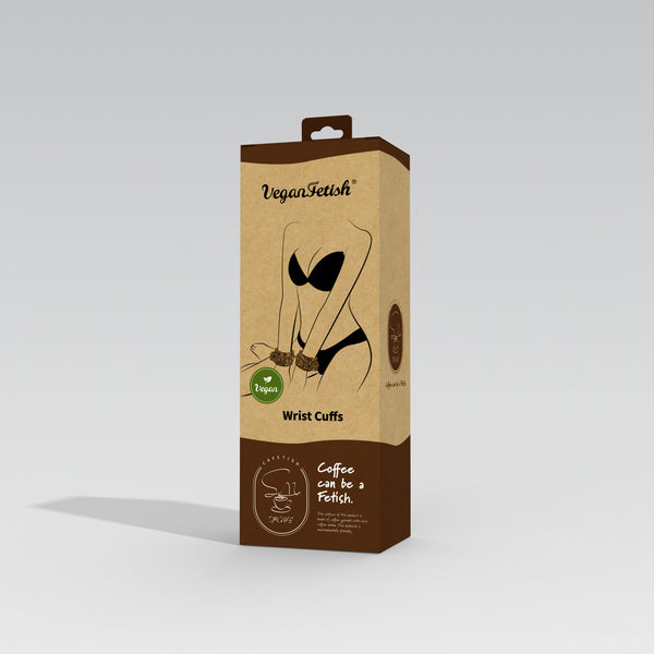 Vegan Fetish SM Cafe wrist cuffs packaging with eco-friendly materials and coffee-inspired design, featuring illustrations and text