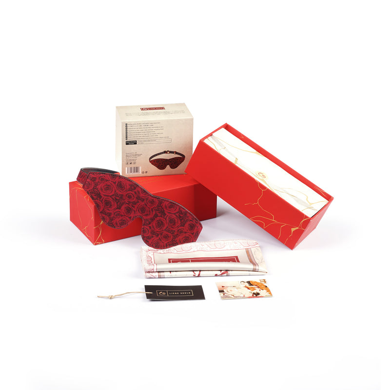 Kinbaku Ukiyo-e Luxury Red Rosy Lamb Suede Leather Blindfold set with traditional Japanese art packaging