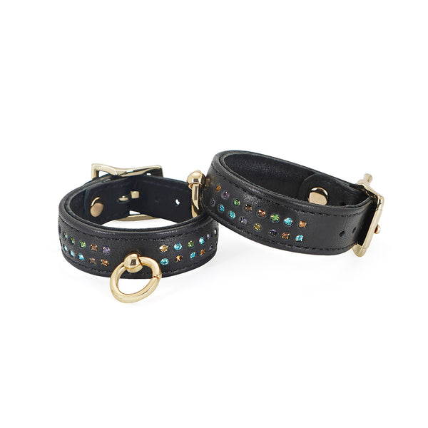 Shining Girl black leather wrist cuffs with multicolored gems and gold hardware