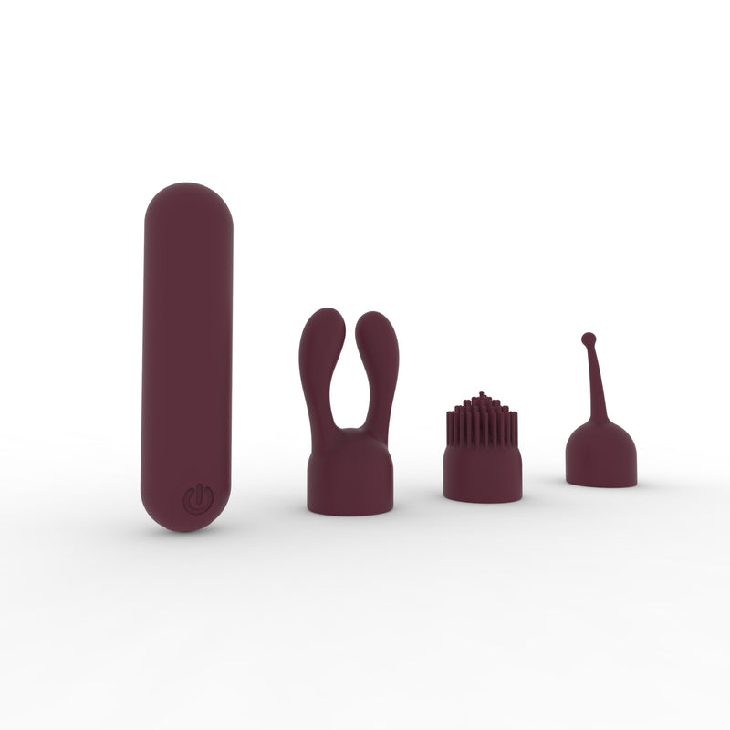 Dynamic Rainbow Silicone Bullet Vibrator with three interchangeable heads in maroon, showcasing versatility and customization options in adult toys