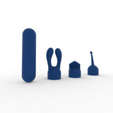 Blue silicone bullet vibrator with three interchangeable heads highlighting different textures for enhanced sensory experience