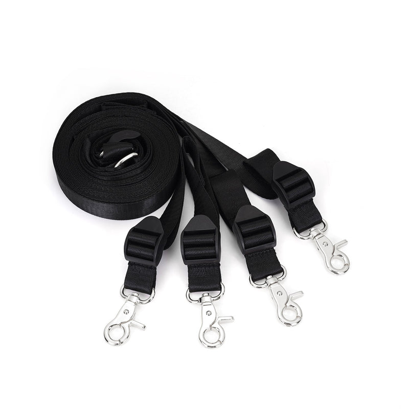Under mattress restraint system with adjustable black webbing belts and four silver clips for secure bondage play