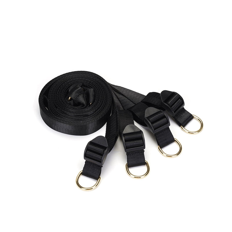 Under Mattress Restraint System with fully adjustable black webbing belts and four D-rings for secure bondage play