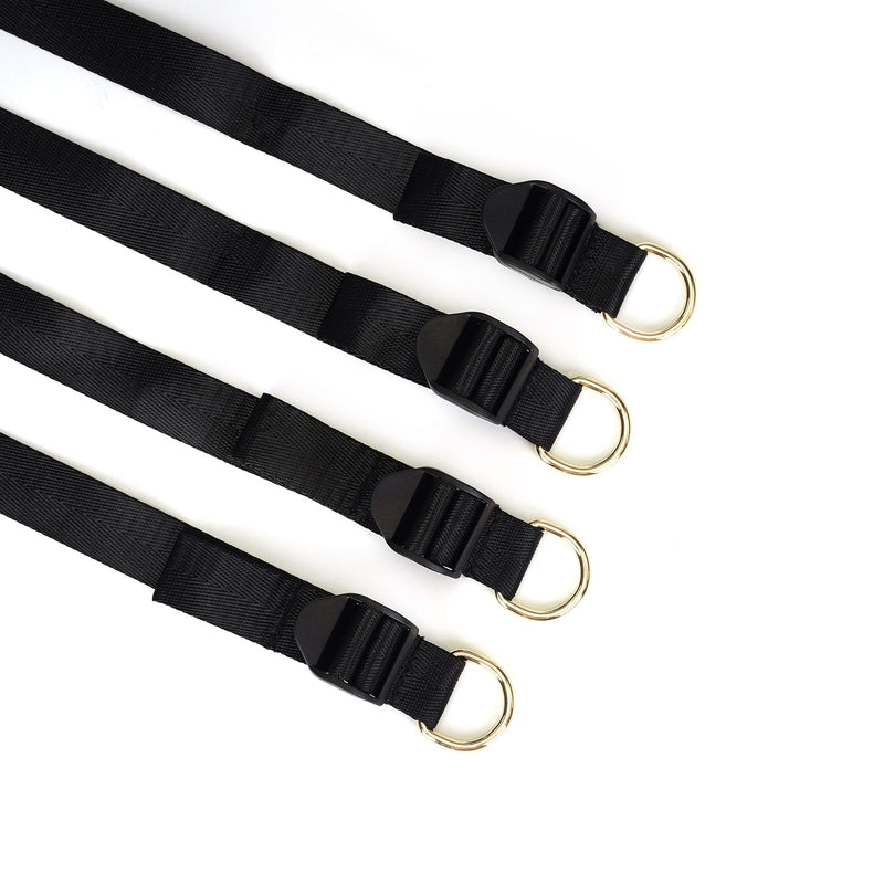 Under Mattress Restraint System featuring adjustable black webbing belts with gold-tone D-rings for secure and versatile bondage play