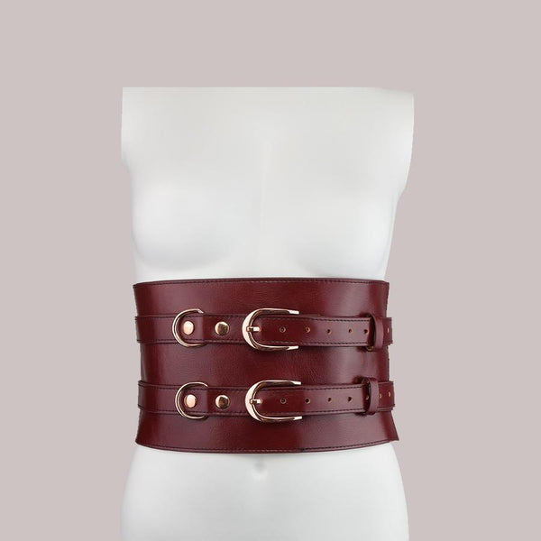 Wine Red leather bondage waist belt with rose gold buckles and multiple D-rings for BDSM accessories attachment