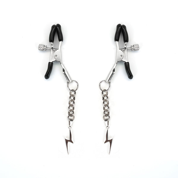 Silver adjustable nipple clamps with lightning bolt pendants designed for comfortable and tailored bondage play