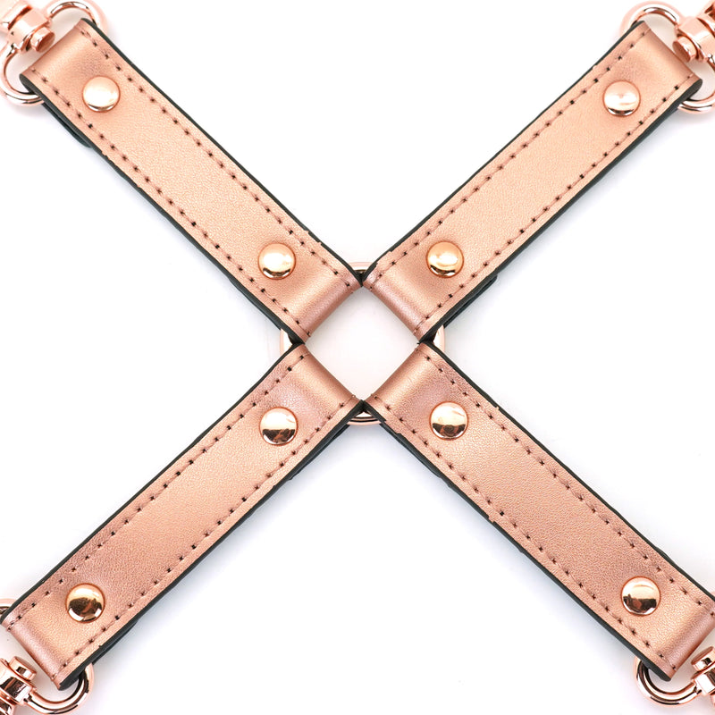 Rose gold leather hogtie with quick-release clips from the Rose Gold Memory collection for bondage play
