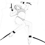 Illustration of woman using under mattress restraint system with four D-rings on adjustable webbing belts