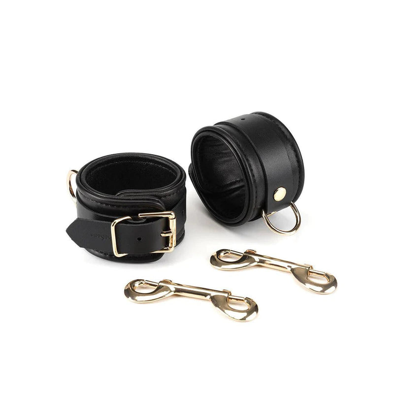 Highest Premium Thick Black SheepSkin Leather Bondage Set - Collar with leash Hand cuffs 2 Clips and chain clip BDSM
