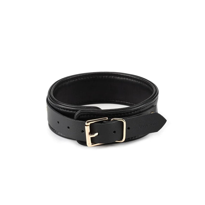 Premium thick black sheepskin leather bondage collar with gold hardware, designed for comfortable and adjustable erotic play