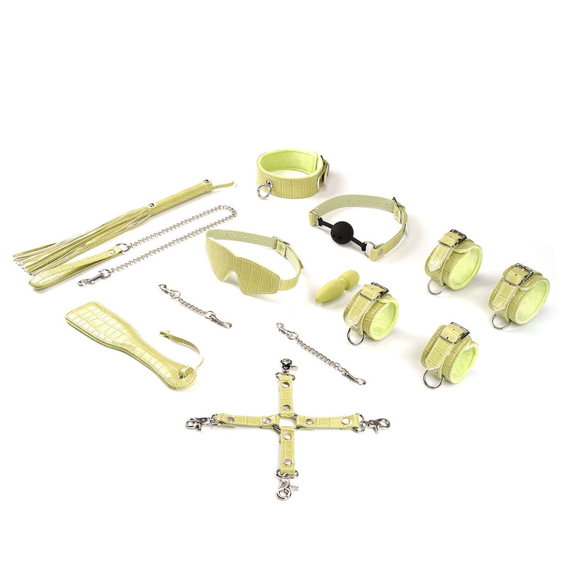 Electric yellow beginner's bondage kit including blindfold, ball gag, collar, leash, handcuffs, ankle cuffs, paddle, flogger, hog-tie, and mini massager